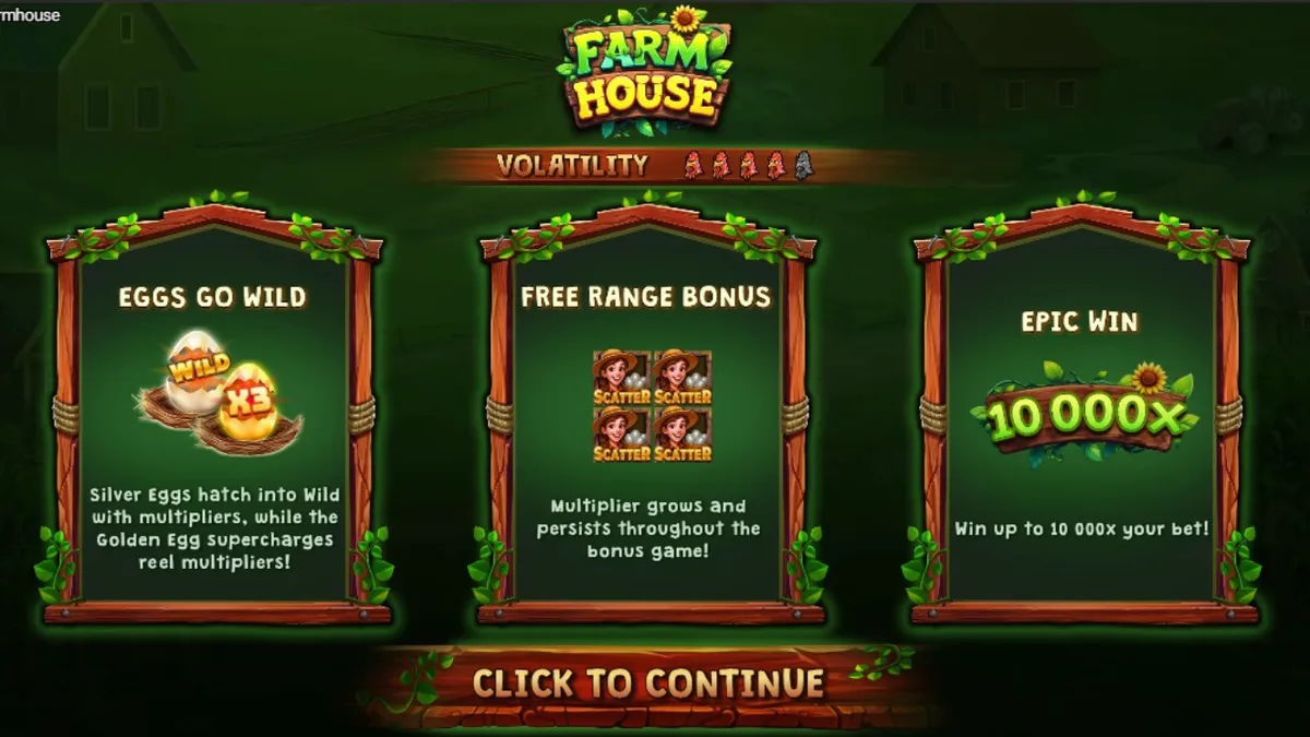 Tampilan visual slot Farm House dengan latar belakang lumbung dan grid bertema kandang ayam.